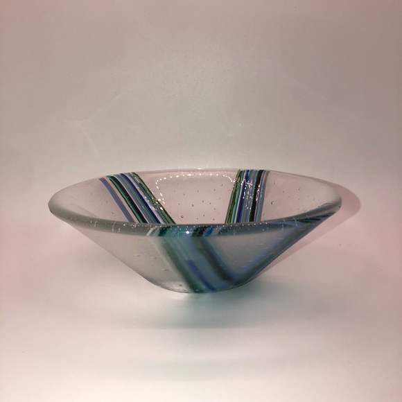Studio Blown Art Glass Trinket Dish Bowl With Bubbles & Hand Painted Stripes 6” - Picture 5 of 8
